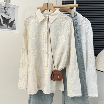 2024 Spring and autumn new loose shirt blouse French gentle wind flower embroidery shirt woman