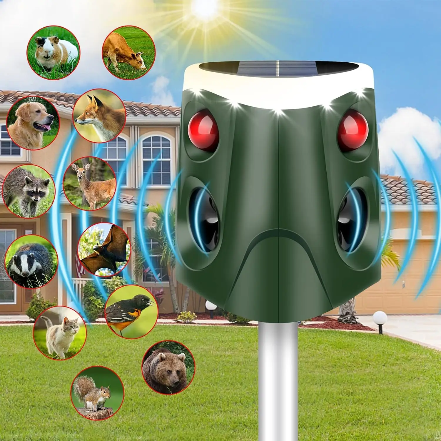 Saijzek. AMZ Top Sale Upgraded Solar Animal Cat Repellent Outdoor Squirrel Deer Repeller Waterproof Ultrasonic Repeller details