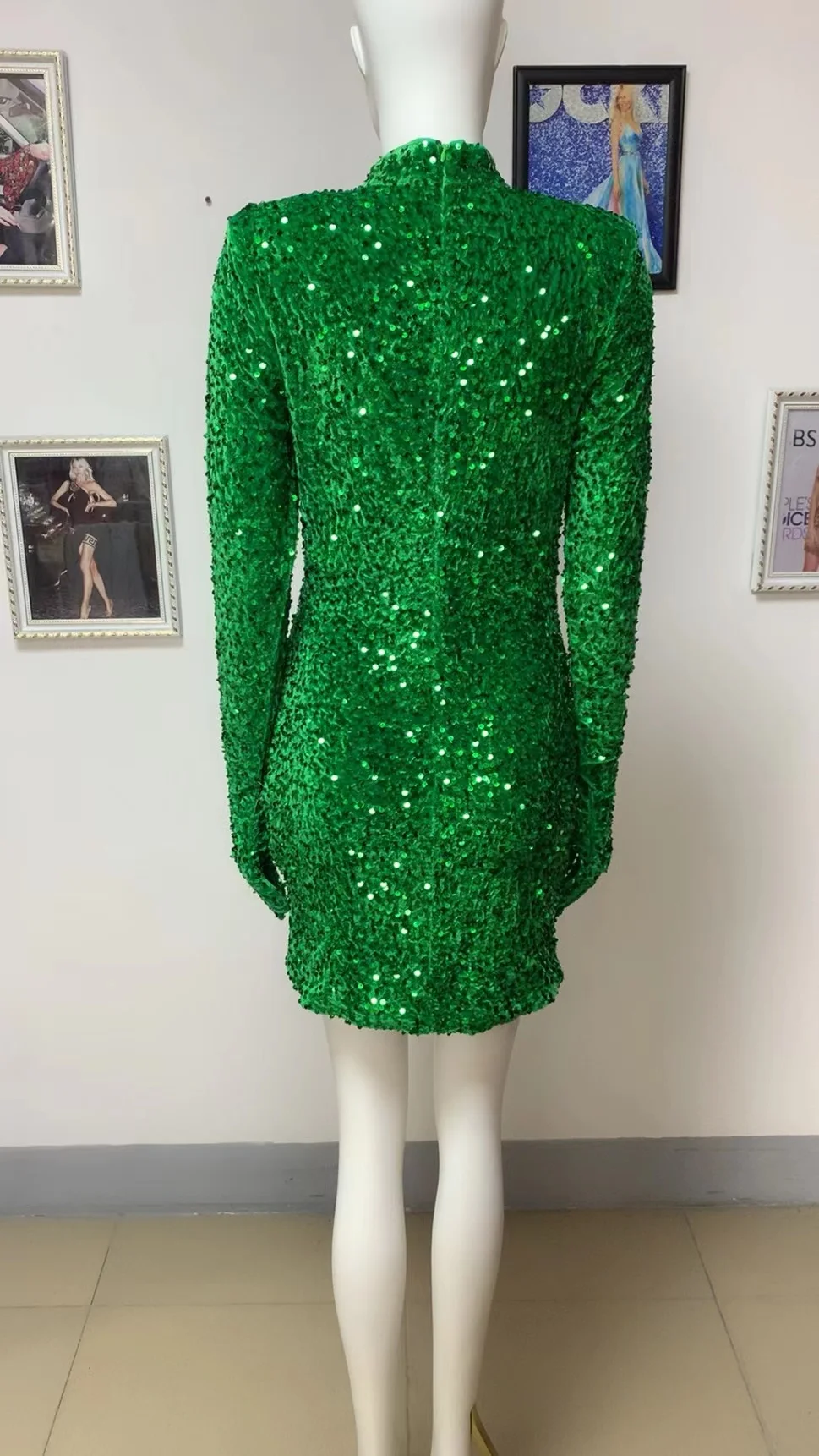 green emerald velvet dress 1970s Unlabeled Green Sequin Dress w Dramatic Feather Trimmed Open Ext   Shrimpton Couture