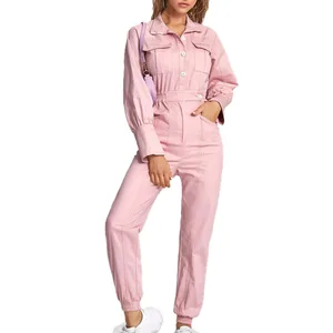 Hot Selling Fashion Long Sleeve Lapel Rompers Cotton Pink Office Clothing Casual Jumpsuit Women