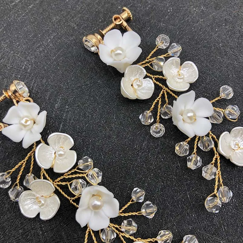 ROMANTIC Handmade Crystal Clip on Wedding Dangle Flower Bridal Earrings for Women