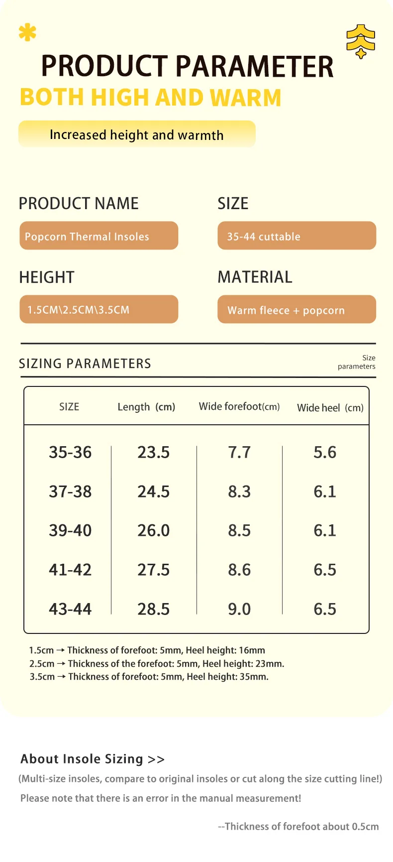 Winter Warm Height-Increasing Insoles, Fluffy Thermal Inserts for Cold Protection