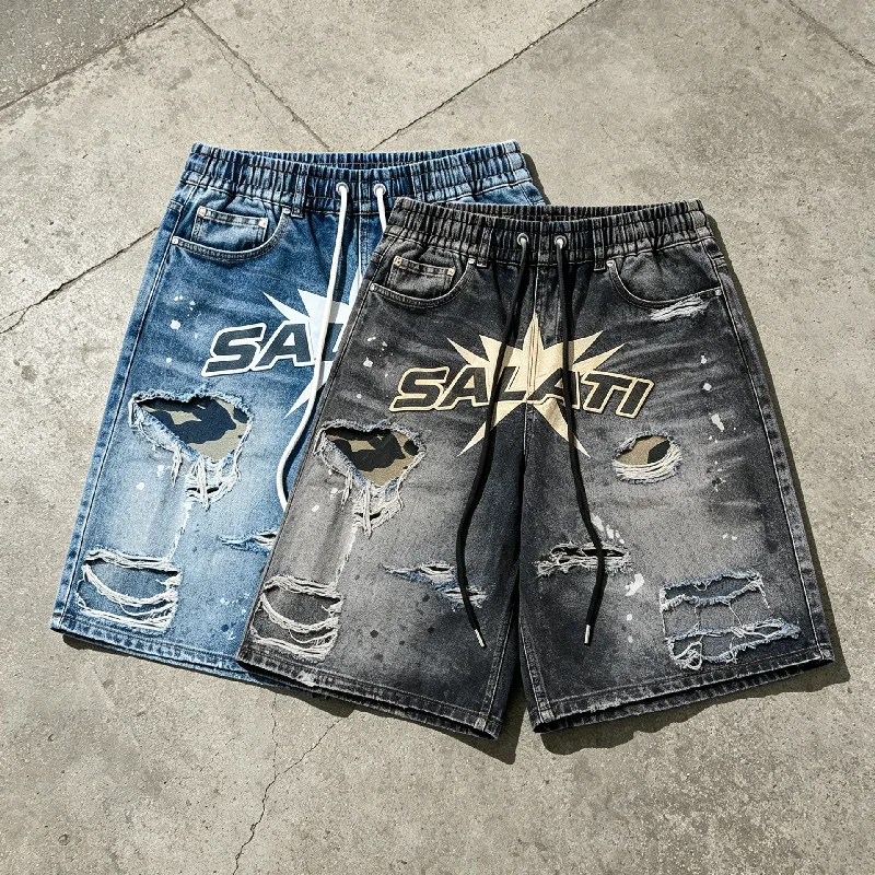 High Quality Print Bermuda Streetwear Distressed Straight Denim Shorts New Design Custom Embroidery Jeans Shorts for Men