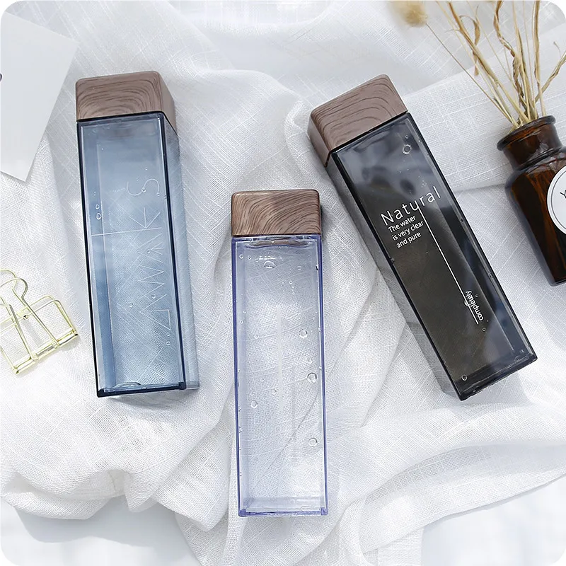 Custom Square Shape Water Bottle Juice Drink Bottle With Wood Grain Lid