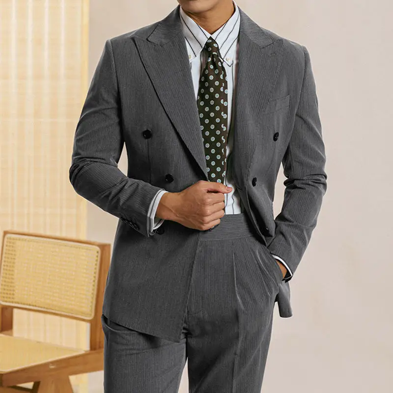 Men's 3-Piece Blue Grey Striped Double Breasted Suit – Slim Fit, Includes Blazer, Pants, Shirt & Tie – For Business & Formal Events