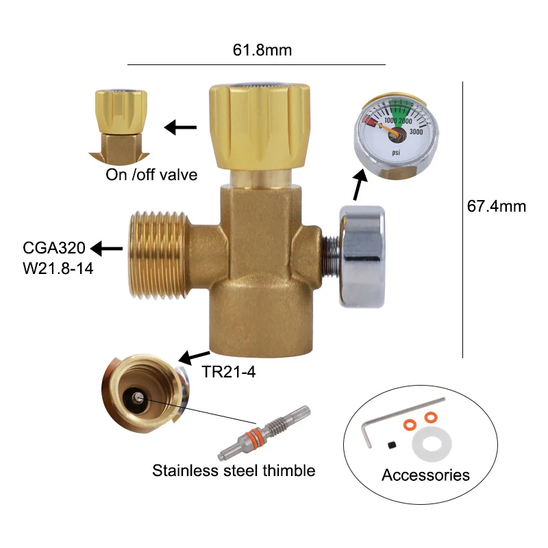 Adattatore Per Bombola CO2 Con Regolatore 0-3000psi – Connettore Maschio TR21-4 Per Ricarica Soda, Birra E Bevande - 2
