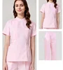 pink lab suit with standing collar
