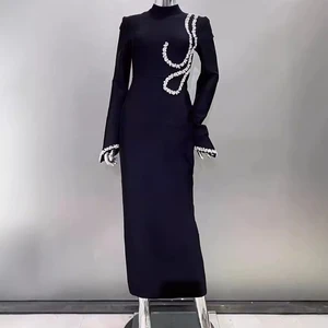 Custom New Black Diamond Long-sleeved Dress Long Bandage Elegant Slim Evening Dress High Quality Dress for Women