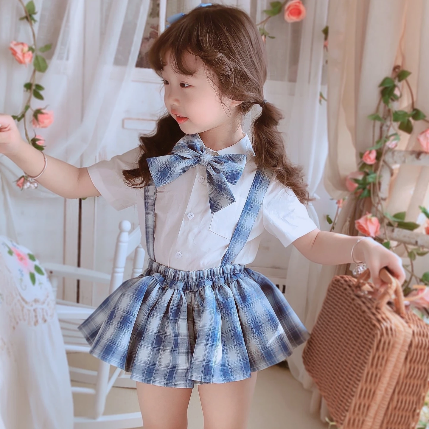 Toddler Girls Clothes Sets T Shirt+Plaid Suspender Dress   Children Clothing 