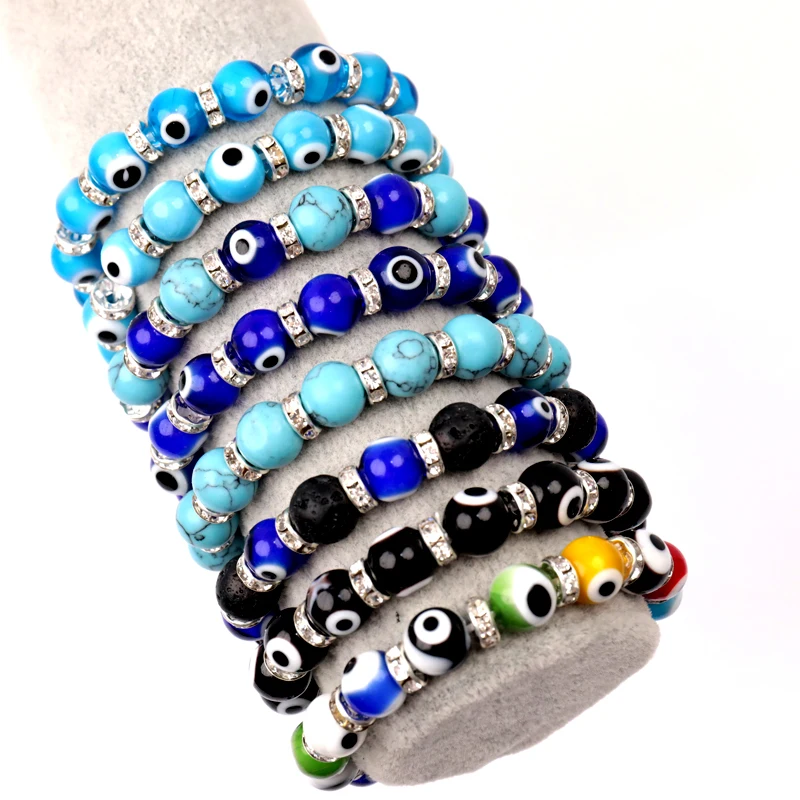 2 Bracciali Turchesi Con Occhio Evil Eye E Mano Di Fatima - Portafortuna Elastici Regolabili Per Donna E Uomo - 4