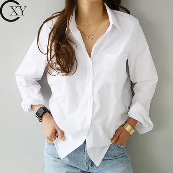 Custom Women White Cotton Plus Size Pocket Summer Autumn Elegant Fashion Button Shirt Tops Lady Long Sleeve Office Cotton Blouse