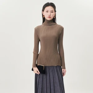 Autumn New Women's High-collar Bottoming Shirt High-quality Stretch Casual Shirt Miyake Pleated T-shirt