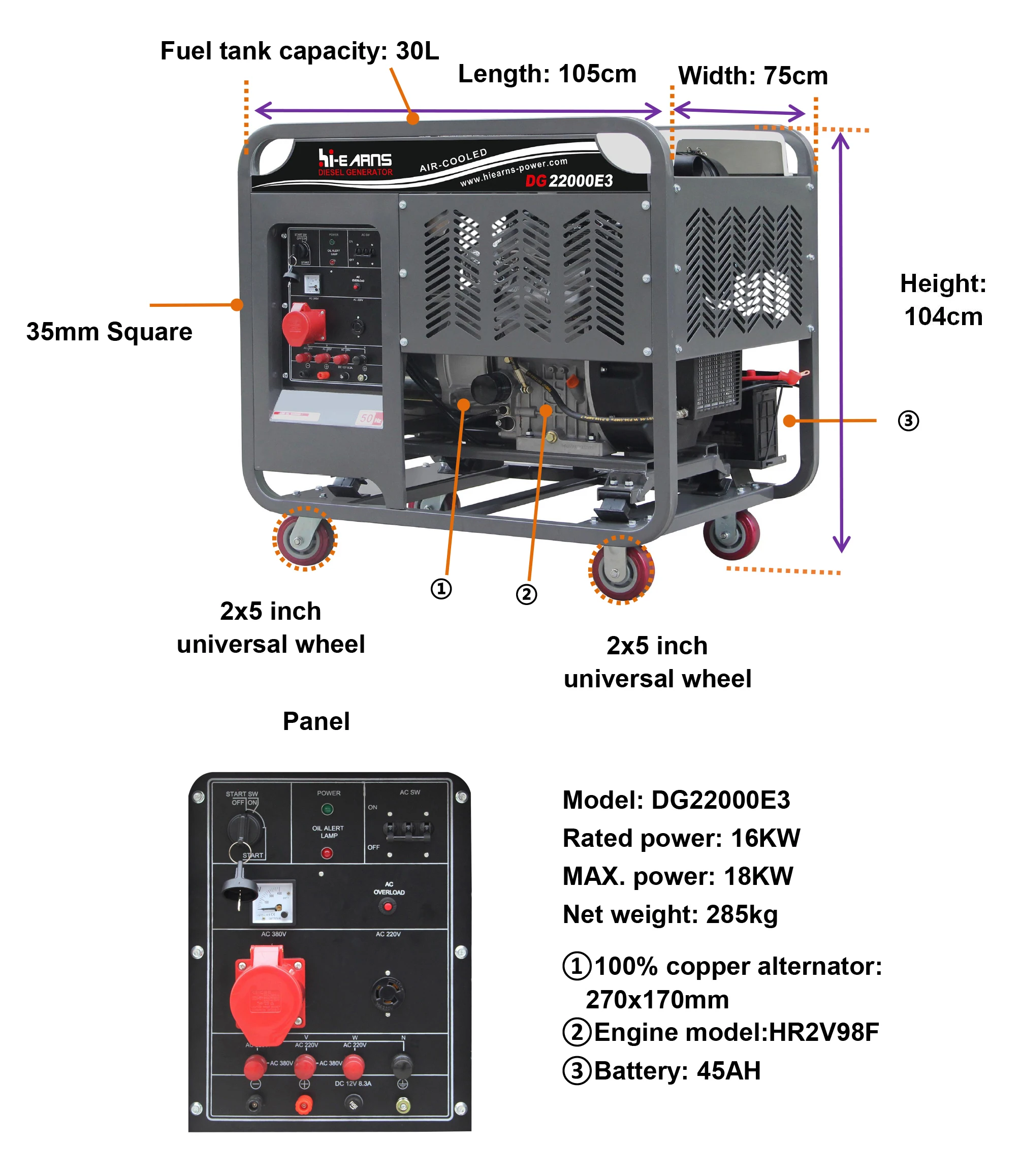 Air-cooled two cylinder 2V98 diesel fuel 20kva 16kw generator