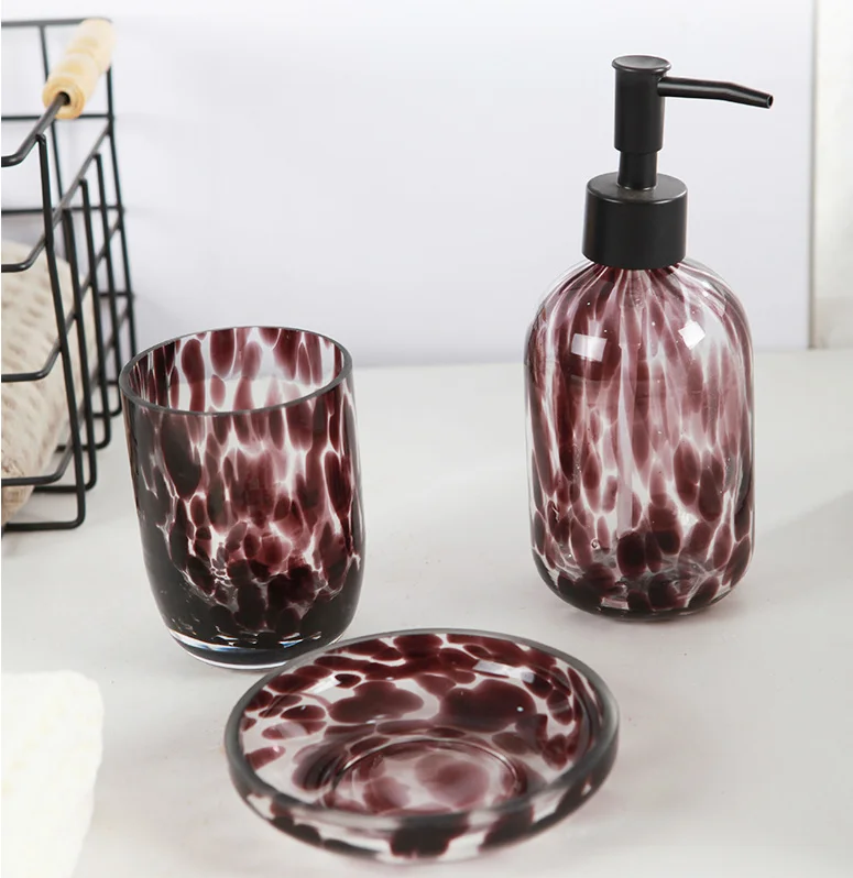 Modern Bathroom Countertop Amber Glass 5 Pcs Bathroom Accessory Set Brown Soap Dispenser And