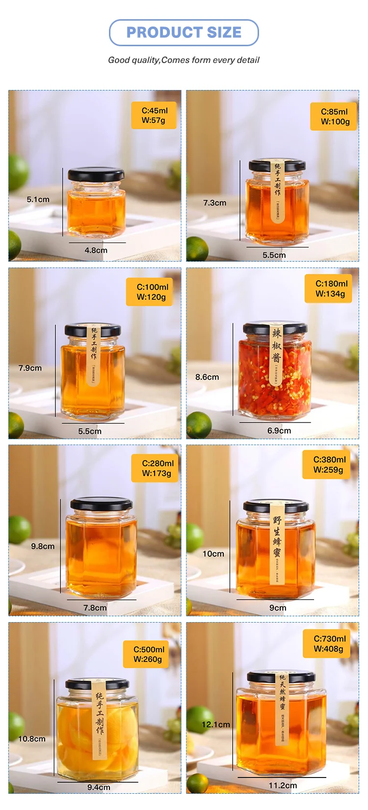 Luxury Hexagonal Glass Honey Container Honey Storage Bottle Glass Honey Jar With Bamboo Lid And