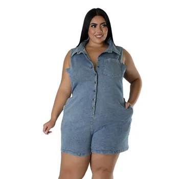 Plus Size Summer Romper Dress Plus Size Women's Summer Party Formal Y2K Sexy Casual Sleeveless Denim Romper Shorts Stretch Distressed Washed Jumpsuit Pockets| Plus Size Summer Romper Dress Plus Size Women's Summer Party Formal Y2K Sexy Casual Sleeveless Denim Romper Shorts Stretch Distressed Washed Jumpsuit Pockets|