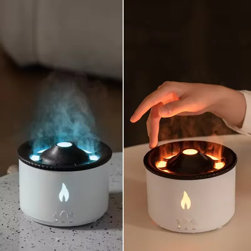 Simulation 3D Fire Flame Volcano Jellyfish Spray Aroma Essential Oil Diffuser Volcanic Humidifier with 2 Color for Home Office