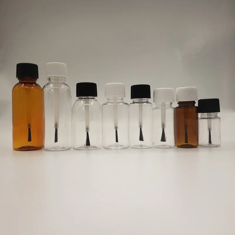 5ml 10ml 15ml 20ml  25ml 30ml 50ml PET Transparent Amber Glue Bottle with Brush Cap Plastic Nail Polish Bottle Touch up Bottle