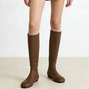Women's Tan Stretch Knee-High Boots - Slim-Fit Flat Heel Casual Daily Footwear 2026 Autumn