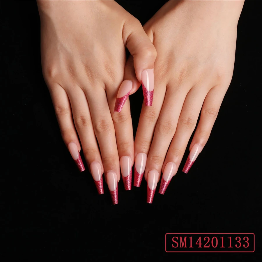 Ballerina Long Coffin Nails Press Ons Wine Red French High Quality Press On Nails Press On Designer Nails