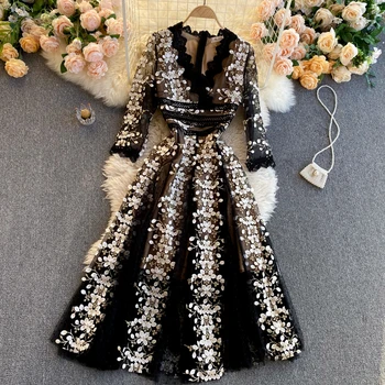 Black Party Dress 2021 Spring Autumn New Ladies Exquisite Embroidered Flowers Half Sleeve V-neck Mesh Long Dress for Women