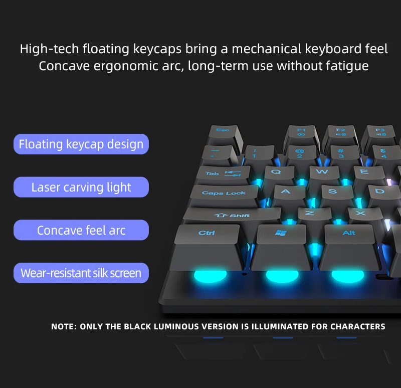 Cool Led Backlit Ergonomic USB Wired Illuminated Keyboard With Floating Keycaps