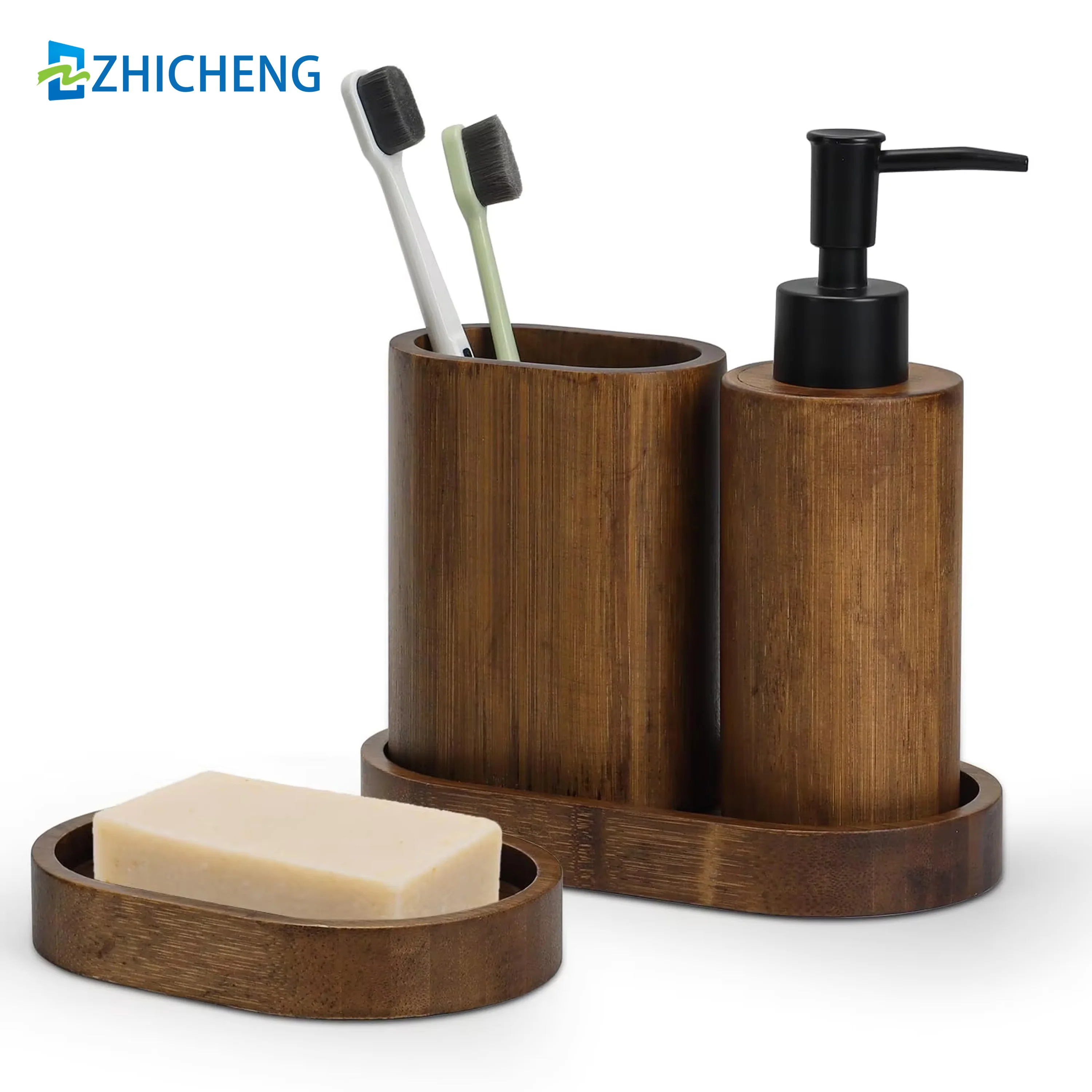 ZC Custom Village Carbonized Bamboo Soap Box Soap Dispenser Holder Tray Mouthwash Cup Moisture-proof Bathroom Accessories Set
