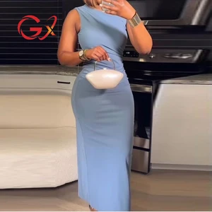 GX11114 Good Quality Fashion Clothing Boutique O-neck Pleated Sleeveless Summer Long Dresses Causal Maxi Dress Women