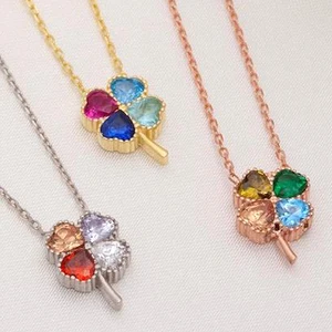 Custom Red Pink Blue Green Zircon Heart Clover Pendant Necklaces Lucky 925 Sterling Silver 4 Four Leaf Clover Necklace for Women