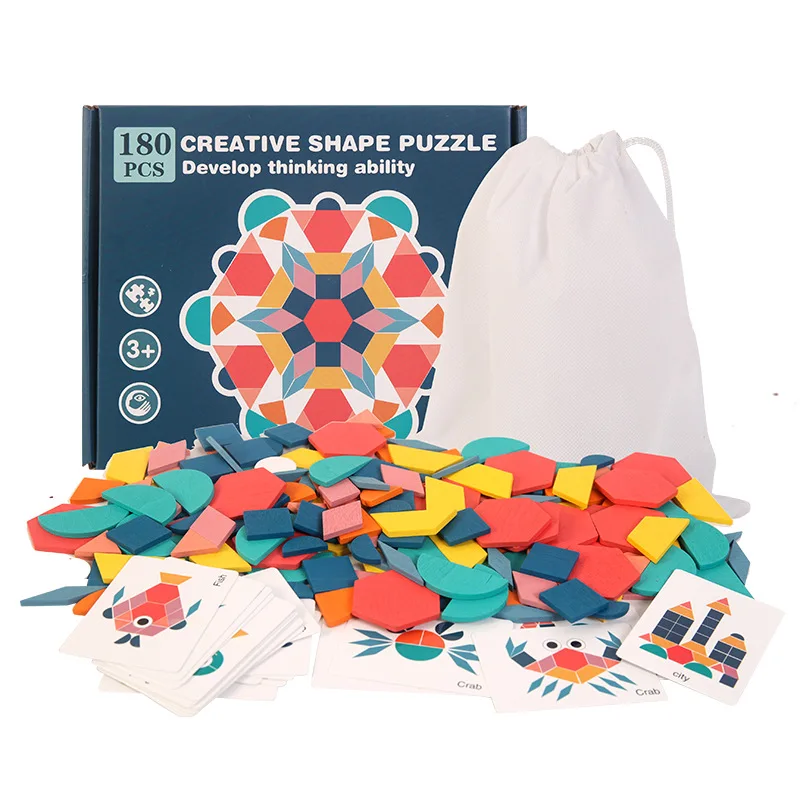180-teiliges Montessori-Puzzle für Kinder, farbenfrohe geometrische Holzblöcke, kreatives DIY-Puzzle für die Früherziehung von Kindern