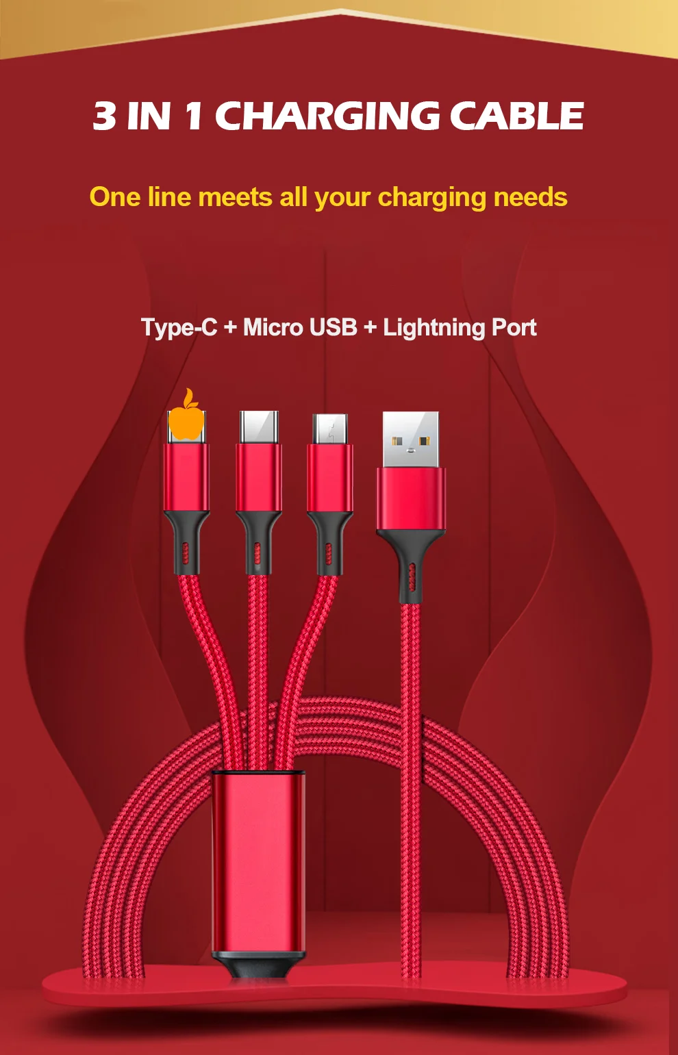 Universal 3 In 1 Usb Cable 2a Fast Charging Nylon Braided Phone Charger