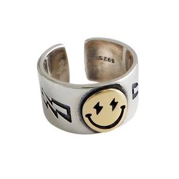 ENSHIR Engraved Lightning Star Smiling Face Finger Ring For Women Men Party Gothic Punk Jewelry
