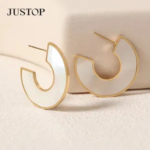 Women's High Quality 18K Gold Plated Stainless Steel Shell Flat Hoop Earrings Trendy Ins Style Pearl Number Shape Trendy Jewelry