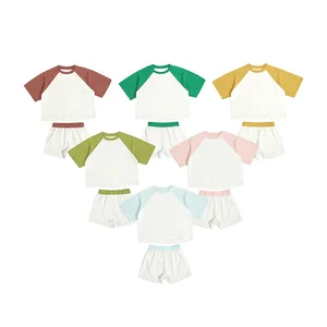 Summer Patchwork Baby Outfits Slub Cotton Short Sleeve Neutral Sets Casual Kids Sweatsuit