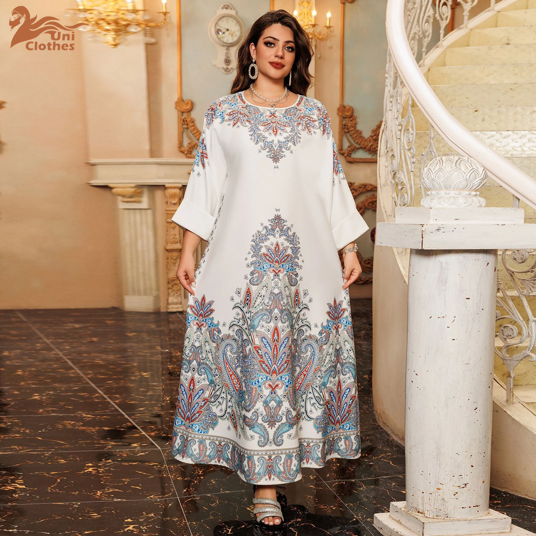 Ethnic Style Loose Evening Gown Vintage Maxi Printed Dresses Woman O-Neck  Flared Long Sleeve Dinner Long Dresses Abaya