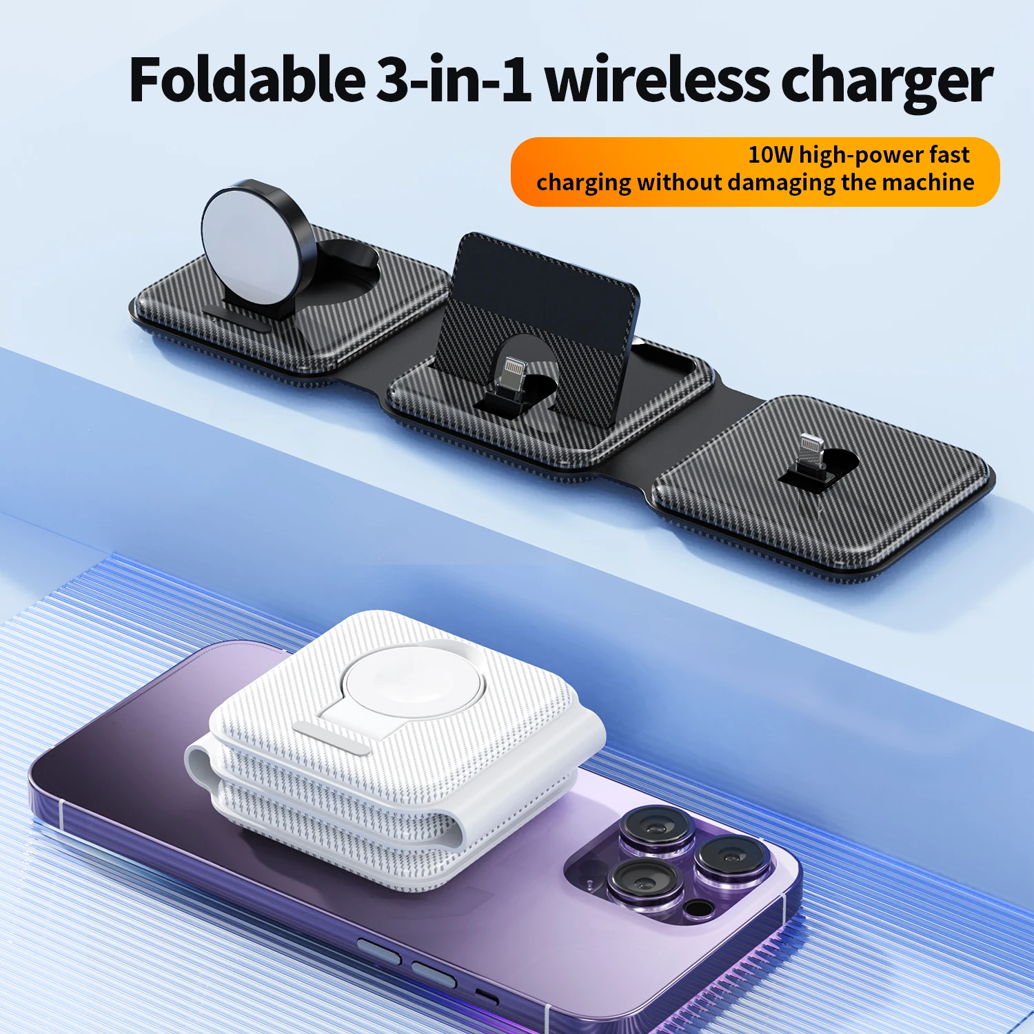 Folding 3-in-1 Wireless Charger Portable Slim Charging Pad Multi-Devices Charging Station for Cellphone Watch Earphones