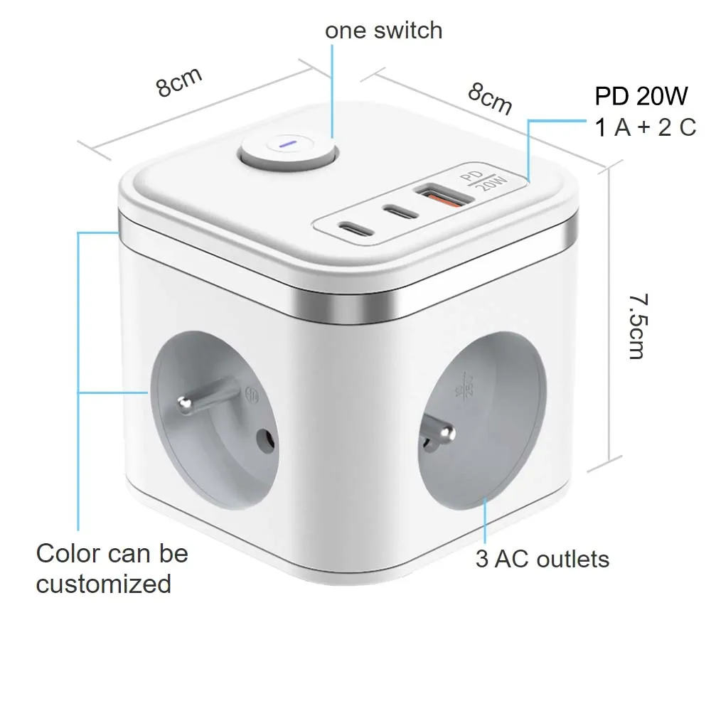 FR Power Strip With 3 Outlets 4 USB Ports 2 Type C Extension Cord Power Strip for Home Office