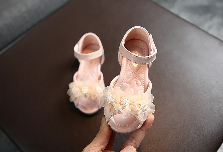 2021 hot sale  fashion  Pearl flower princess Soft bottom children's shoes MS321