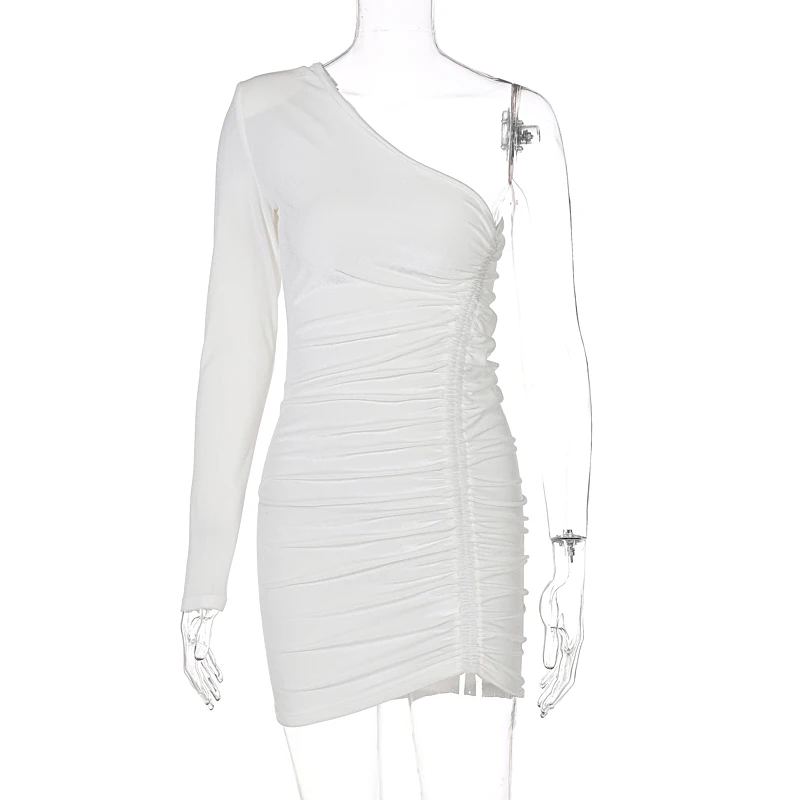 Lygens 2023 Winter Autumn Mini Dress Solid Color Single Shoulder Ruched ...