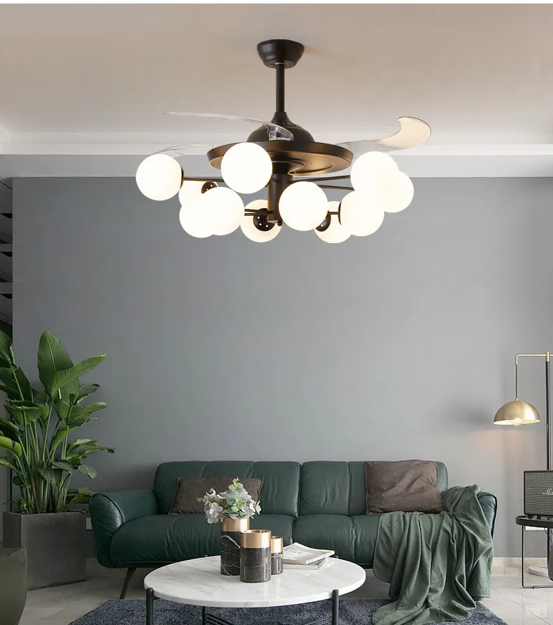 Hot sell magic bean glass ball 42 inch retractable remote control bladeless ceiling fan with light LED modern