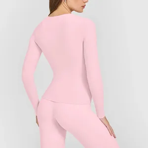 Custom Breathable Lightweight Plus Size Women's T-Shirt Quick-Dry Yoga Wear Neck Long Sleeve Yoga Top with Built in Bra Shelf