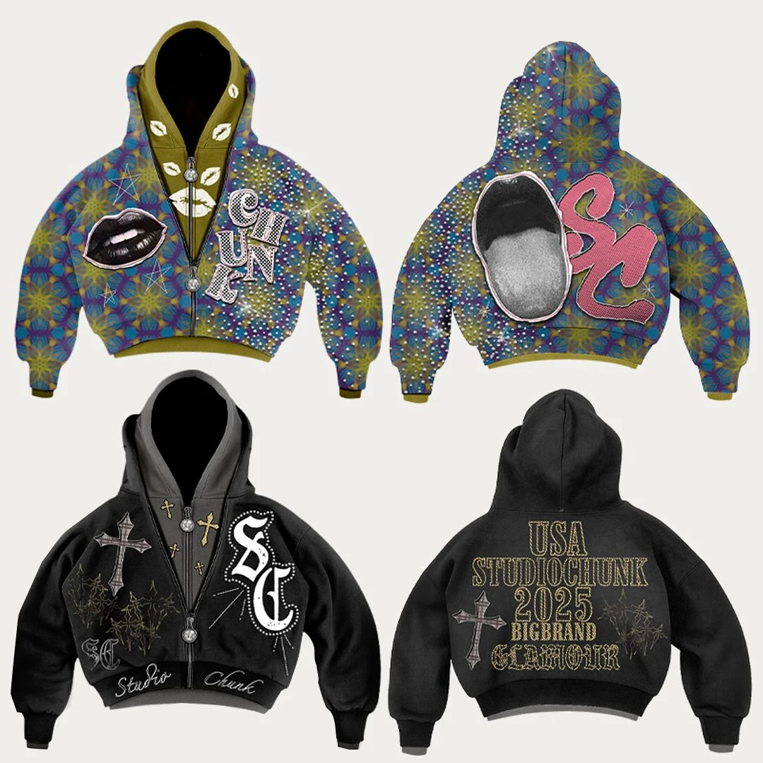 Customized Streetwear Baggy Hoodie and Stacked Double Waist Pants Set Acid Wash Tracksuits Rhinestone DTG Printed Sweatsuits gallery 3