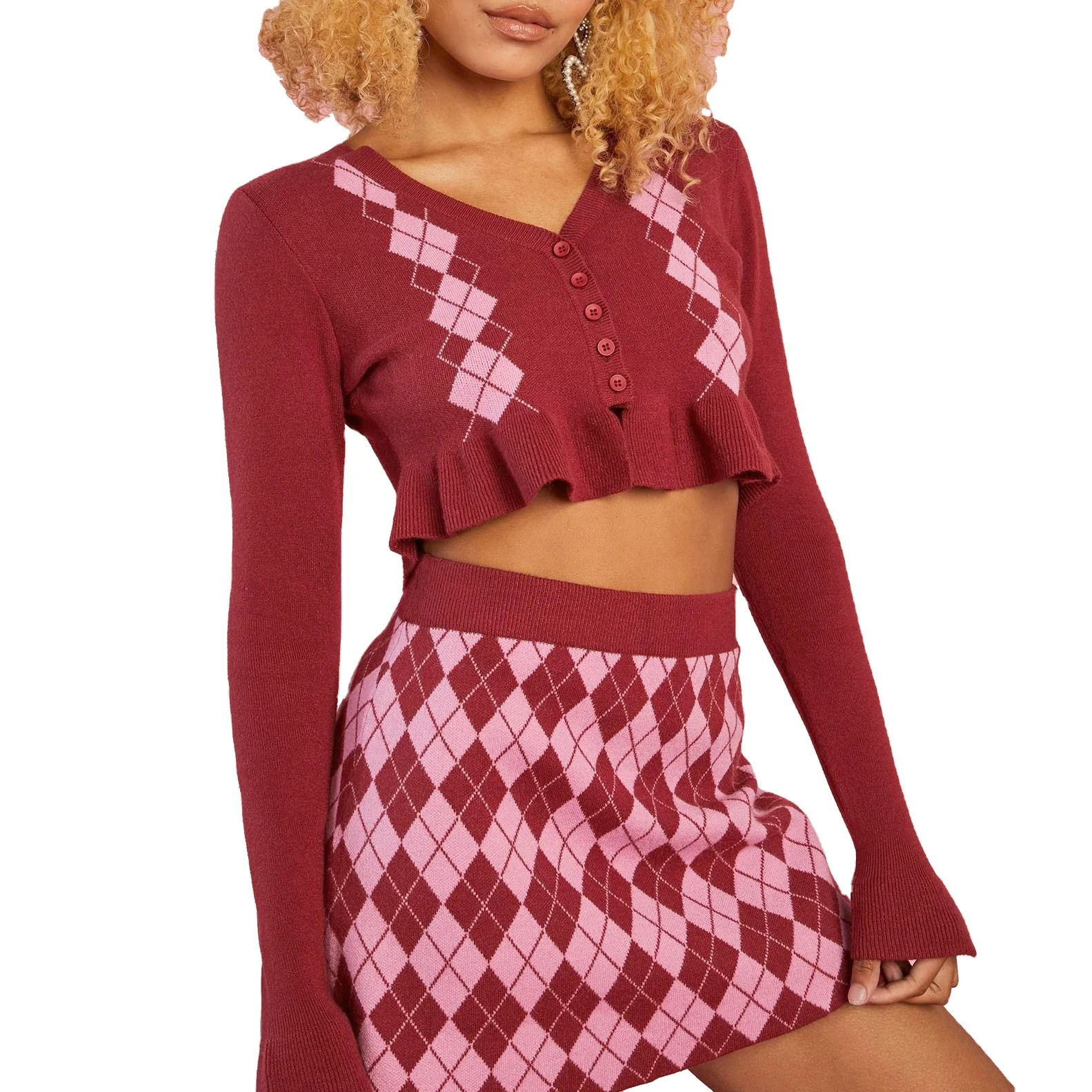 Argyle Sweater Cardigan Knit Skirt Suit 