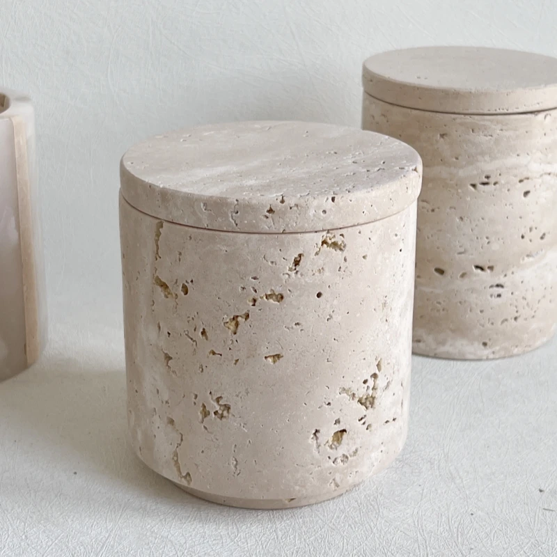 Stonekocc Wabi-sabi Beige Travertine Natural Marble Stone Sundries Storage Tank Candle Jars With Lid And Boxes Packaging