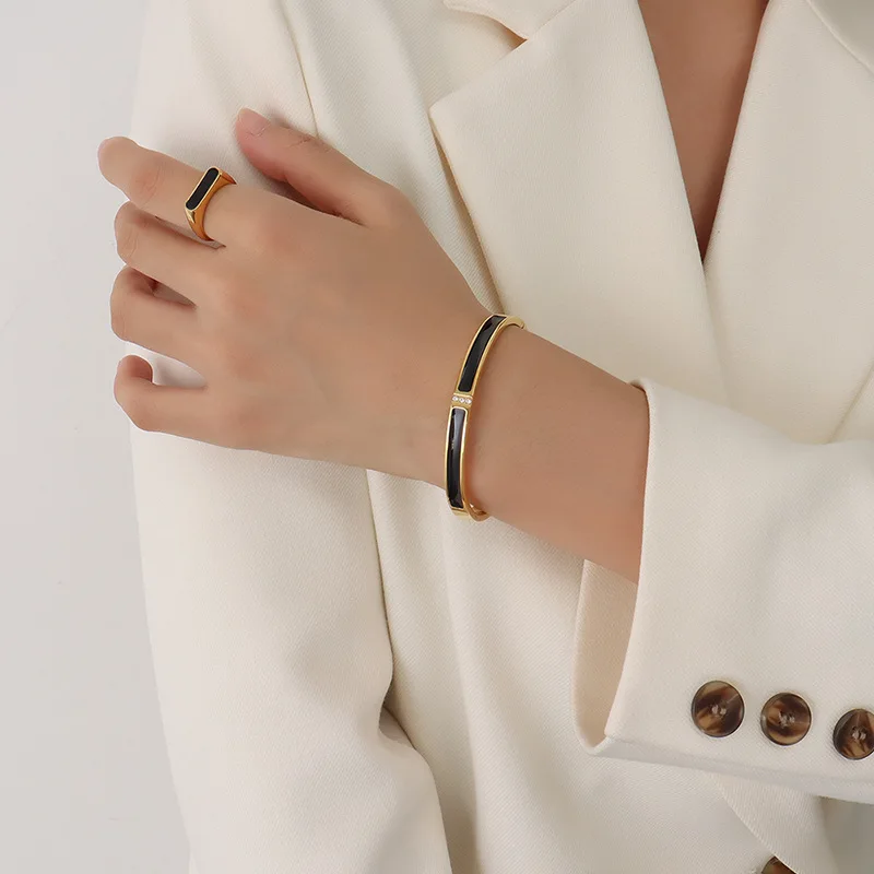 Stainless Steel CZ Crystal Gold with Black Red Blue Colorful Bangle for Women Luxury Jewelry Fashion Enamel Bangles Bracelets