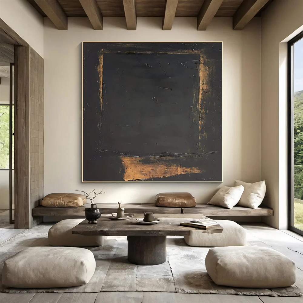 Large Black Canvas Abstract Painting Brown Texture Wabi Sabi Style Wall ...