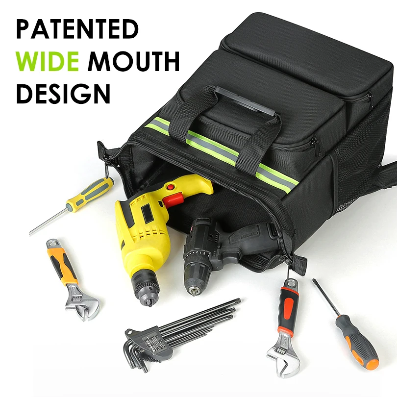 Tool Rucksack and Backpack 13-17" Laptops Large Front Flap Provides Easy Access to All Tools Open and Covered Internal Pockets