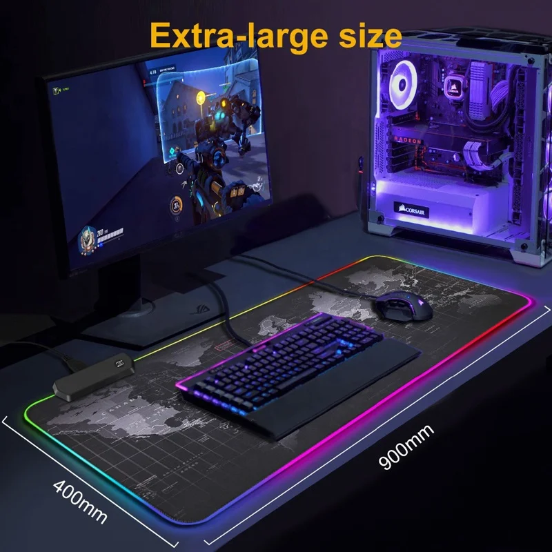 Gamer Mousepad Natural Rubber LED XXL Desk Mat White Gaming RGB Mouse Pad for Corner Desk
