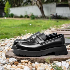 Hanmce Business Casual Breathable Fashion Handmade Male Round Toe Thick Platform Genuine Leather British Style Loafer Shoes