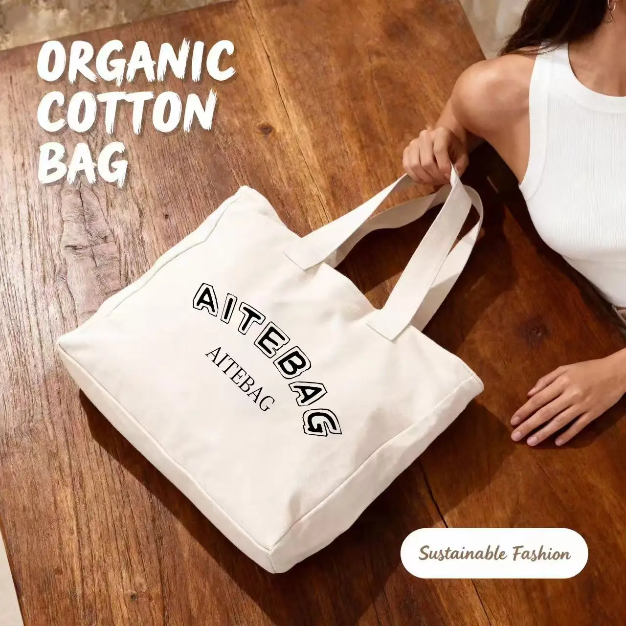 High Quality Cotton Canvas Tote Bag Rope Handle Shoulder Strap Medium Size Fashionable Letter Pattern Custom Logo Heat Transfer manufacture